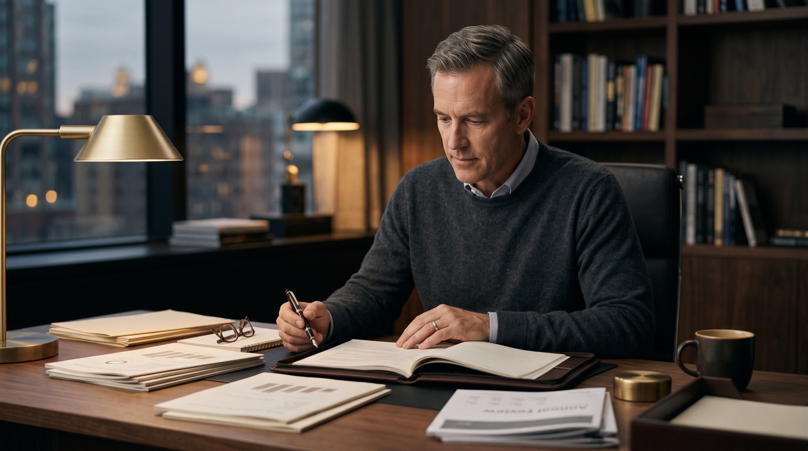 A man reading calmly at a desk by a window