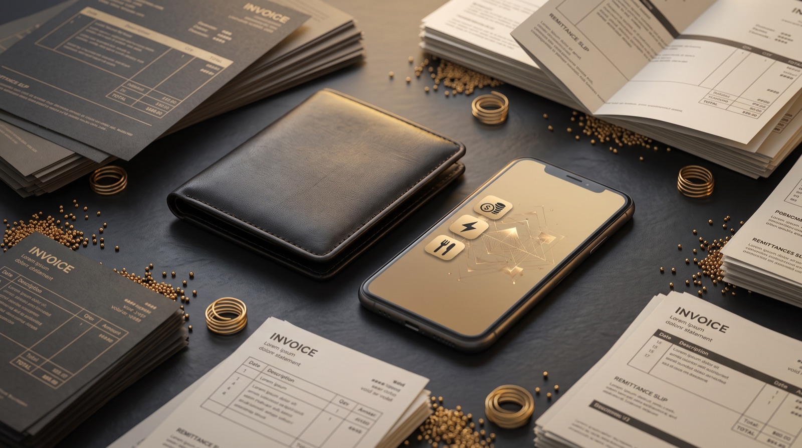 Invoices, a wallet and a phone with budgeting app icons