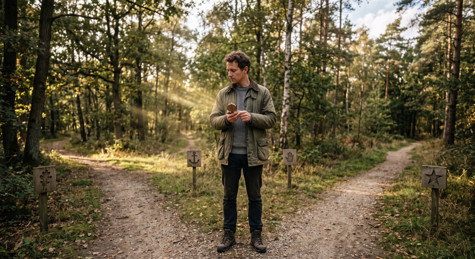 A man pausing at a forest fork in the path, holding a small compass