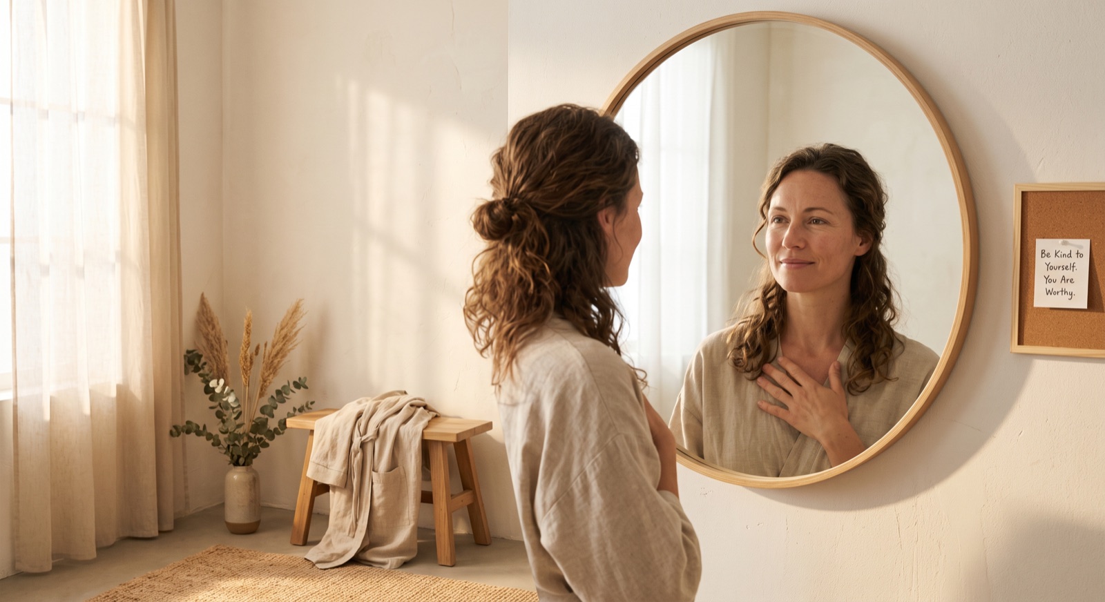 A woman looking at her reflection beside a note reading Be Kind to Yourself