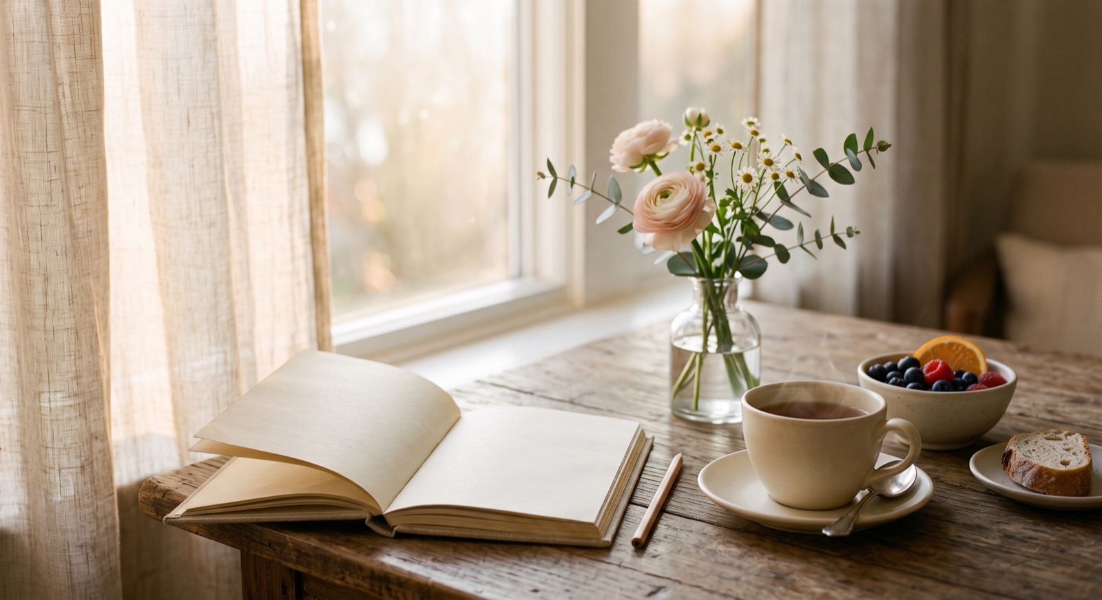 A cozy morning journal with tea, flowers and an old photograph