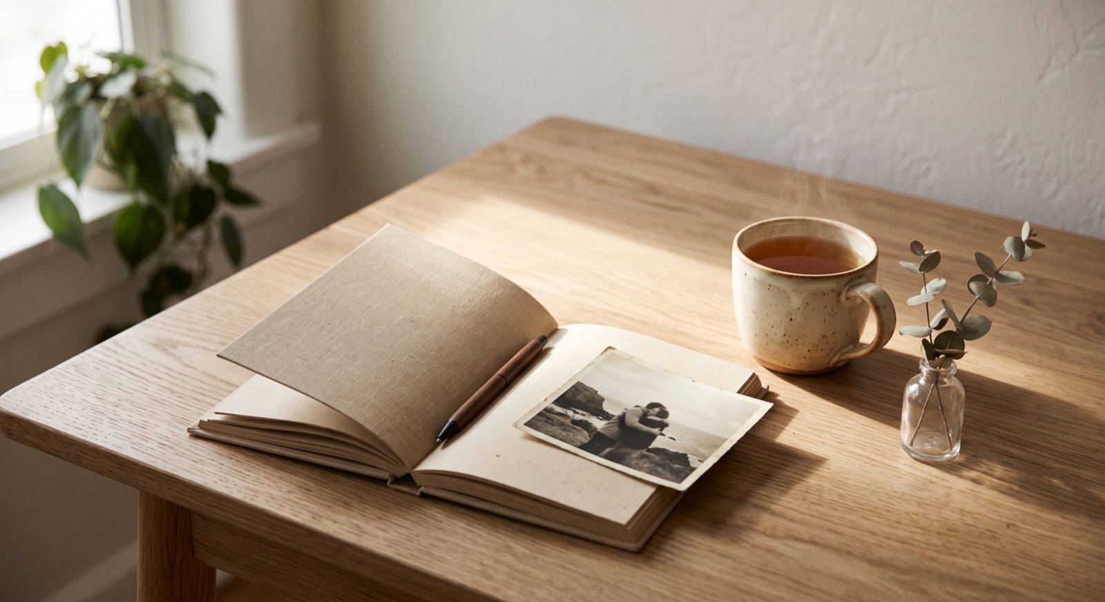 A journal, tea and an old photograph on a sunlit table