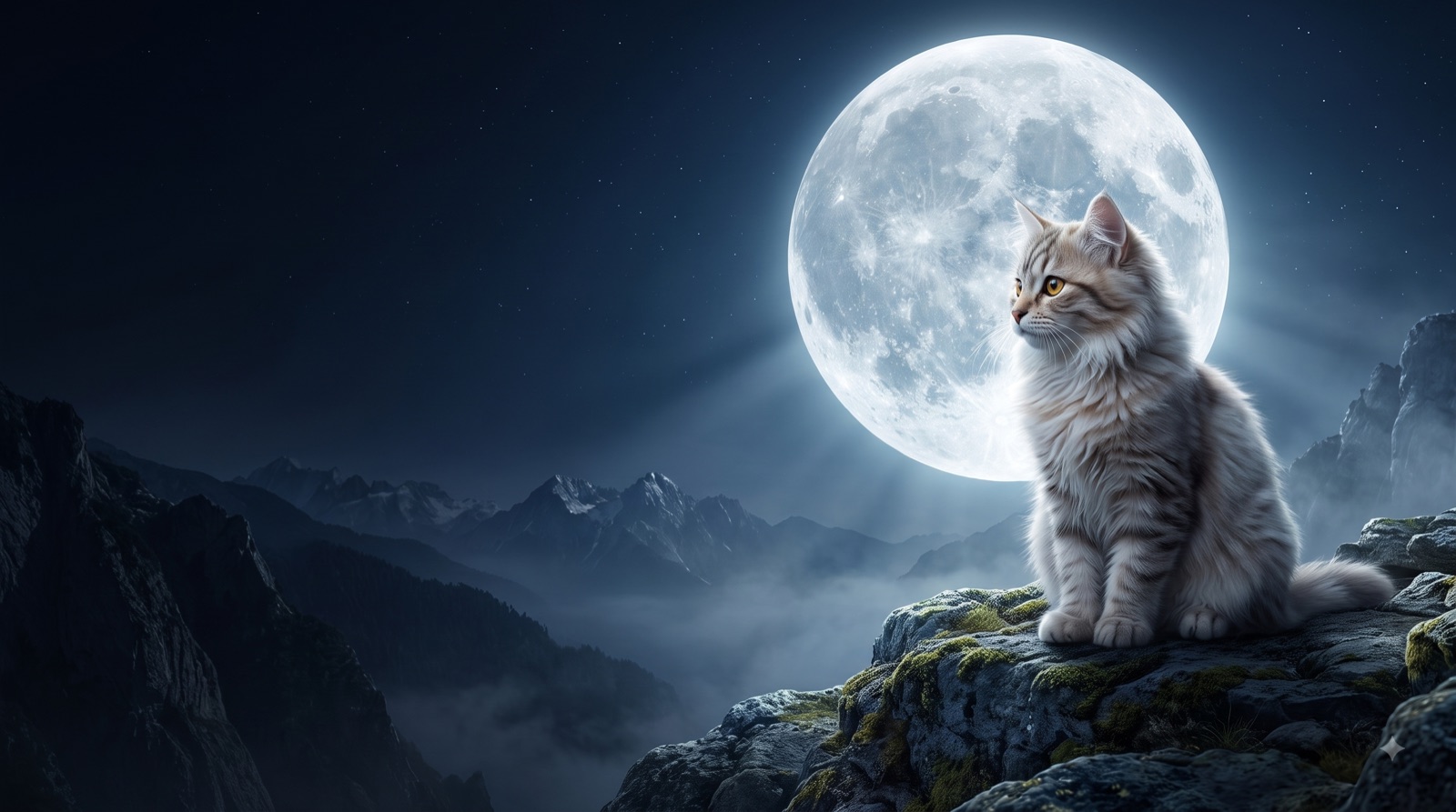 Magnus under a giant midnight moon on a mountain cliff