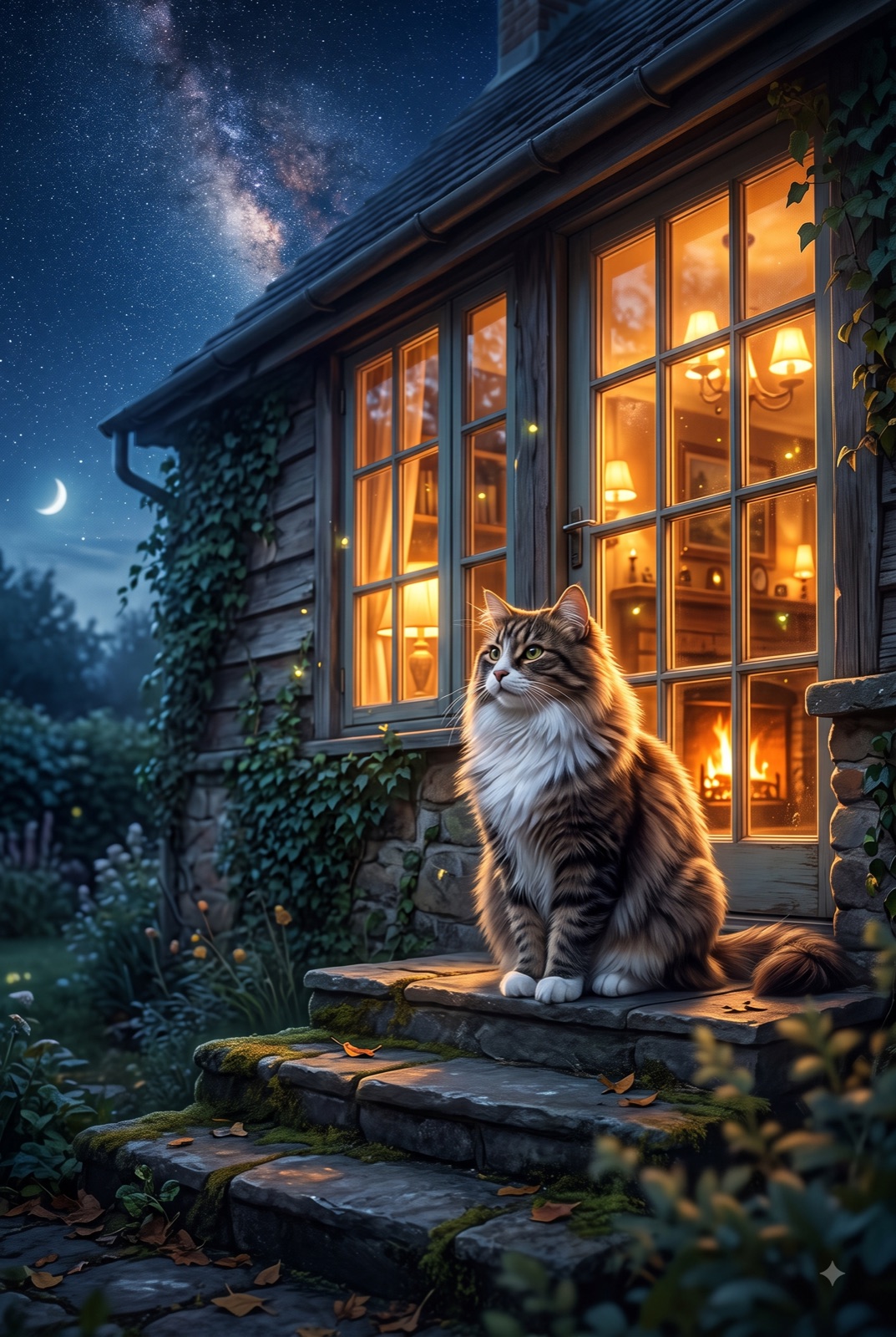 Magnus, a bimetallic Siberian cat, on a moonlit cottage porch