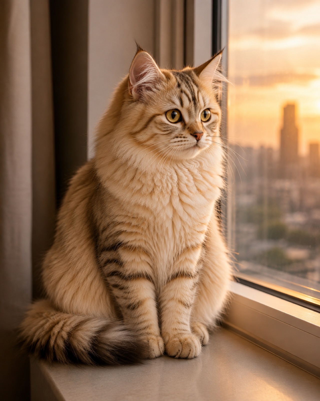 Magnus sitting on a windowsill watching the sunset over the city