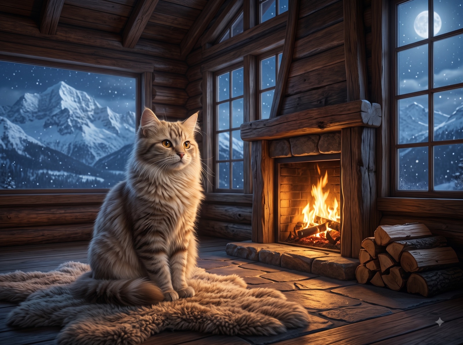 Magnus wallpaper artwork by a cozy cabin fireplace
